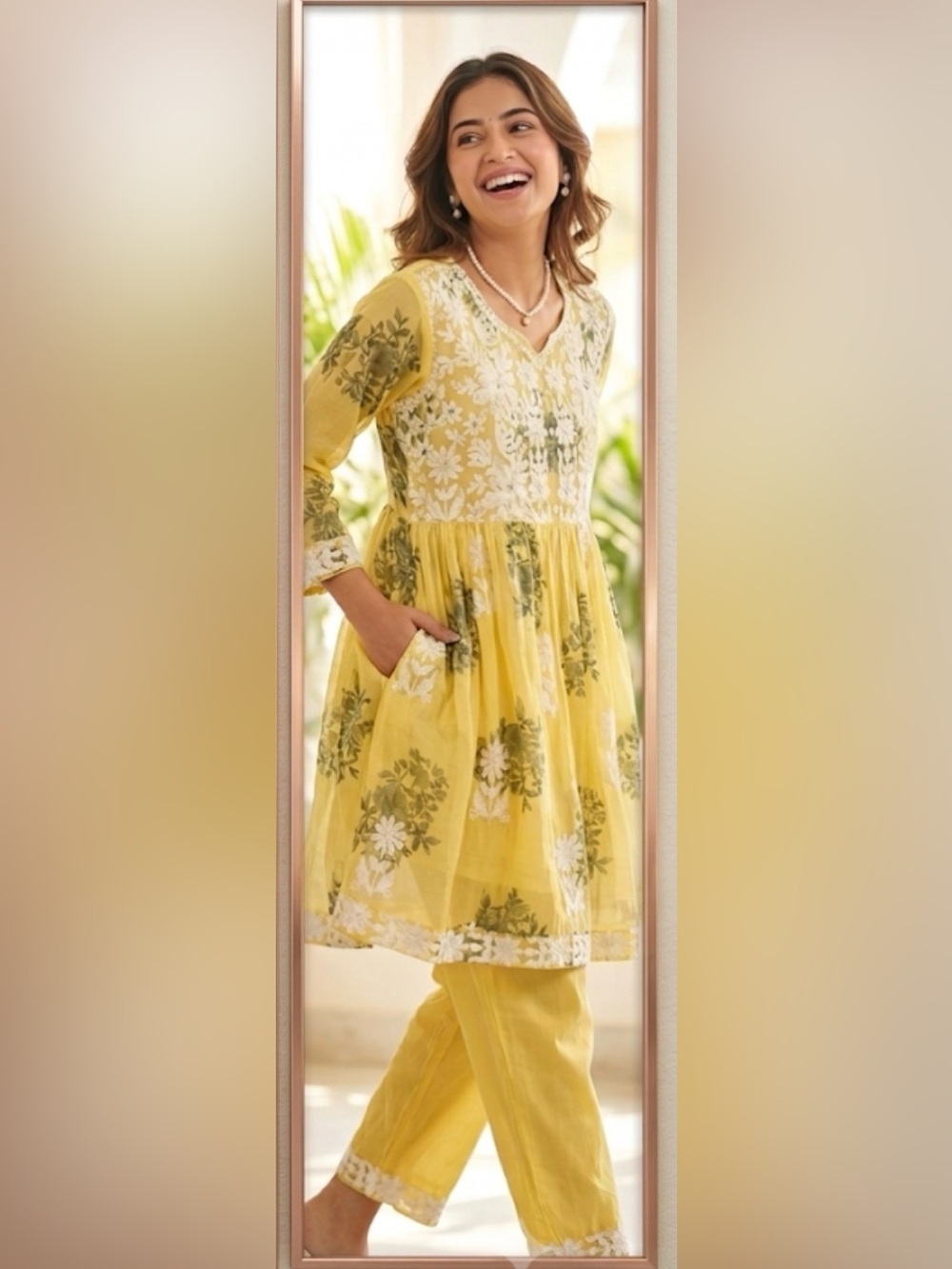Lakhnavi Yellow Floral Embroidered Tunic & Pant Set